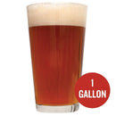 Glass filled with West Coast Radical Red ale with a red circle containing the text "1-gallon"