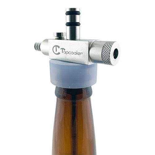 Tapcooler Counter Pressure Bottle Filler connected to a bottle