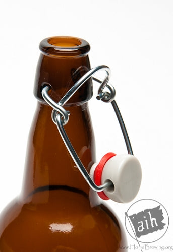 The neck of an E.Z. top swing top beer bottle with the top open. 
