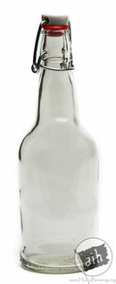 A single 16 oz. clear E.Z. Cap Swing Top Beer Bottle
