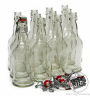 Twelve 16 oz. E.Z. cap beer beer bottles and several swing tops in a stack
