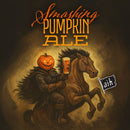 Person with pumpkin head riding a horse holding a beer, with 'Smashing Pumpkin Ale' text above.