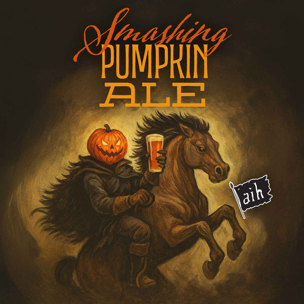 Illustration of a person with a pumpkin head riding a horse, holding a beer, with 'Smashing Pumpkin Ale' text above.