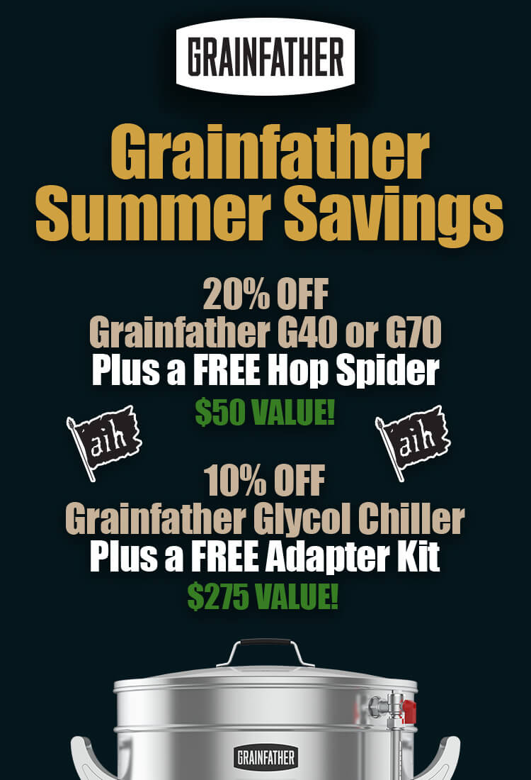 Grainfather Summer Savings. 20% Off G40 or G70 Electric All-in-One All-Grain Brewing System. 10% Off GC2 or GC4 Glycol Chiller.