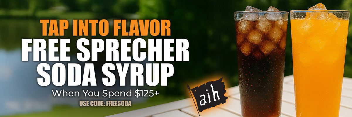 Promotional banner for Sprecher Soda Syrup with two drinks on a table outdoors.