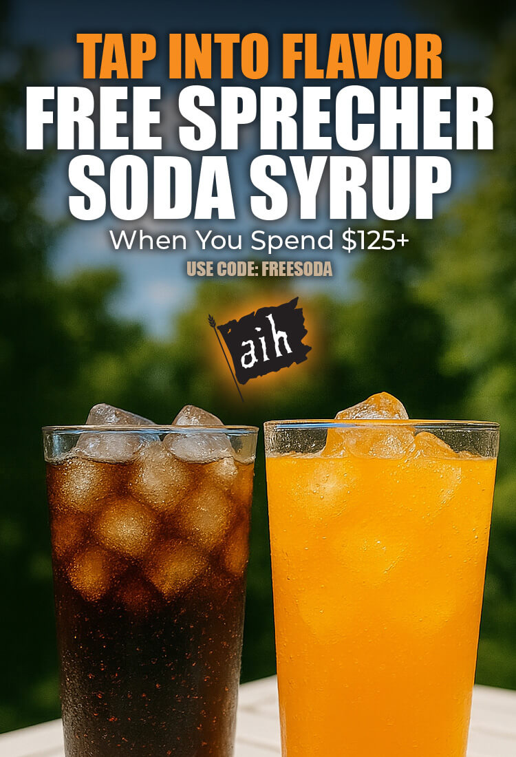 Two glasses of iced soda with a promotional text overlay for Sprecher Soda Syrup.