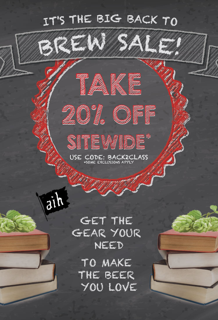 Promotional poster for a 'Back to Brew Sale' with text and graphics on a dark background.