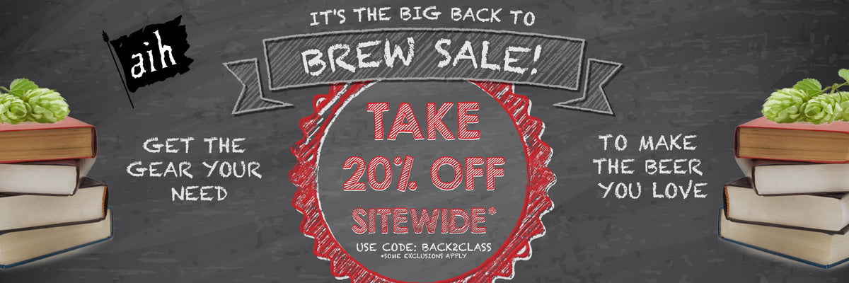 Promotional banner for a brew sale with books and plants on a chalkboard background