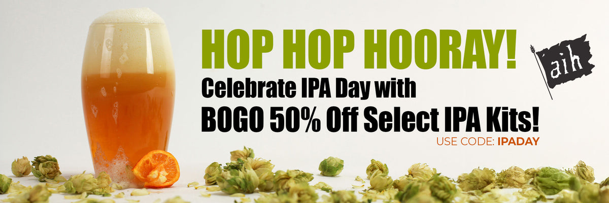 Promotional banner for IPA Day with a glass of beer and hop cones, featuring a discount offer.
