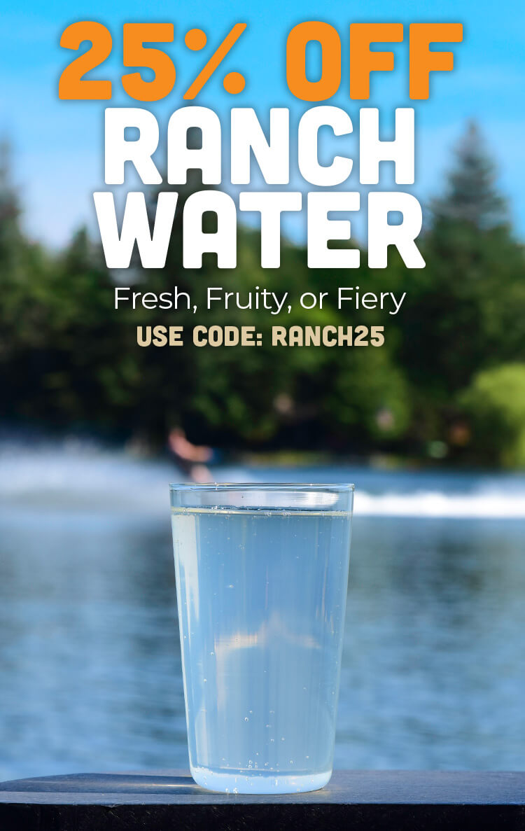 Glass of ranch water with promotional text overlay on a scenic background