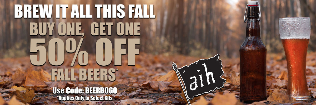 Buy one, get one 50% off select fall beer recipe kits when you use promo code BEERBOGO at checkout.  Some exclusions apply.