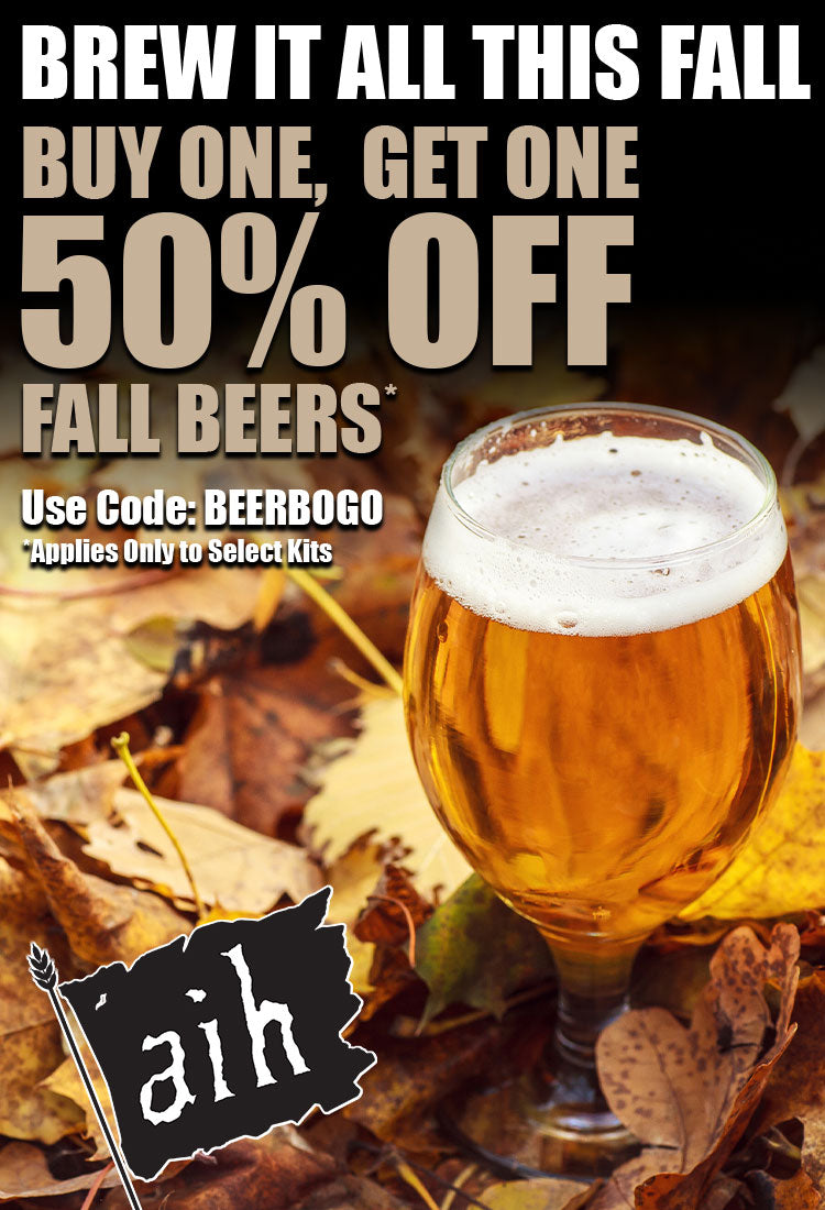 Buy one, get one 50% off select fall beer recipe kits when you use promo code BEERBOGO at checkout.  Some exclusions apply.