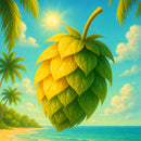 Large yellow and green hop cone against a tropical beach background with palm trees and blue sky.