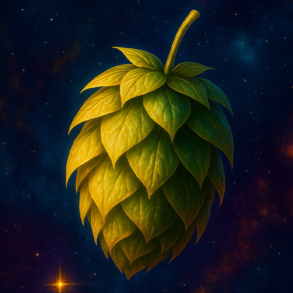 Green hop cone against a starry space background
