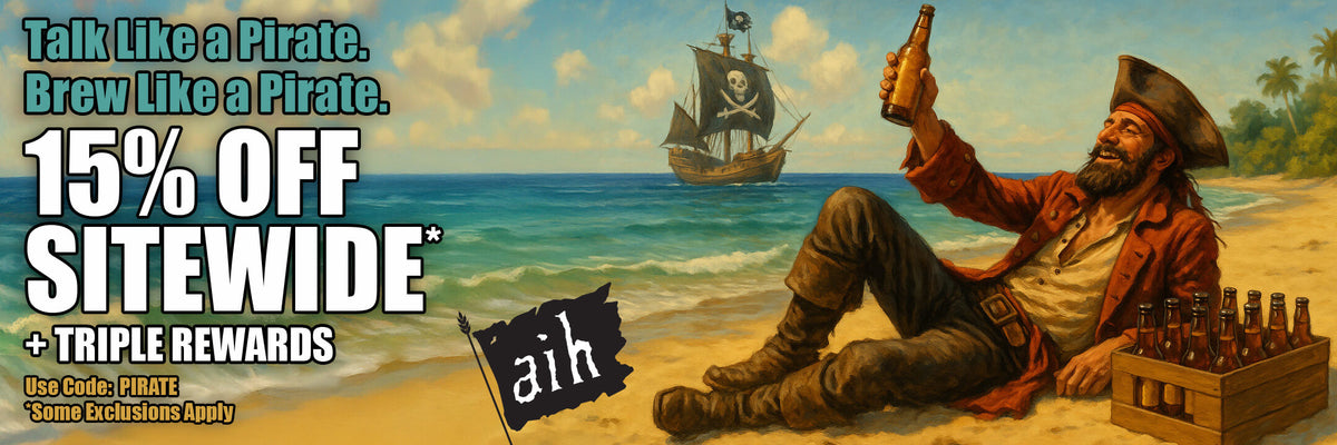 Promotional banner with a pirate on a beach, holding a beer bottle, and text about site-wide discounts.