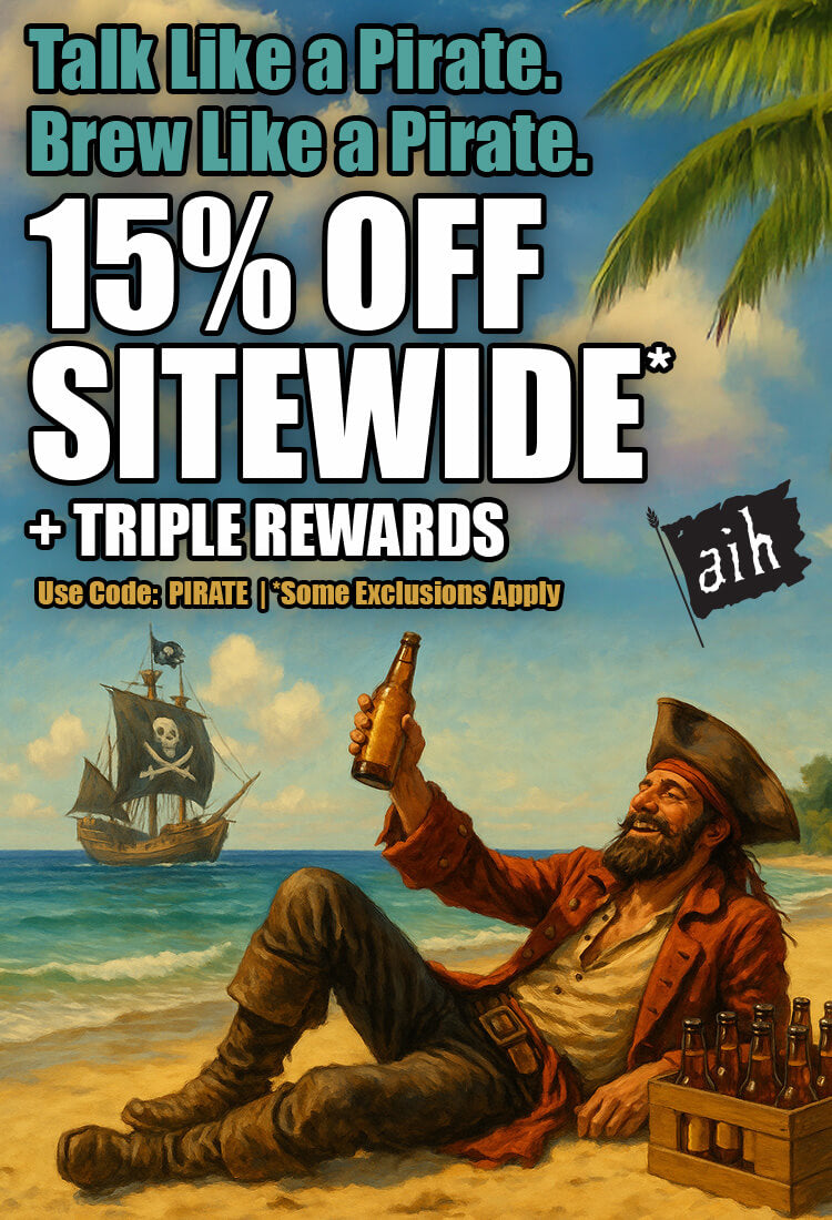 Promotional poster with a pirate on a beach, holding a beer, and text about a discount offer.