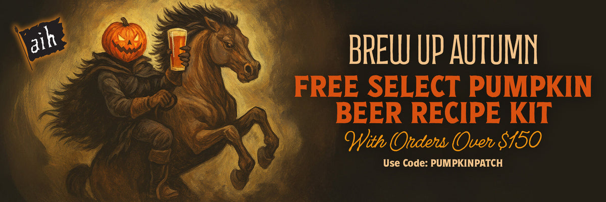 Promotional banner for a pumpkin beer recipe kit with a person on a horse and a pumpkin head, featuring AIBH branding.