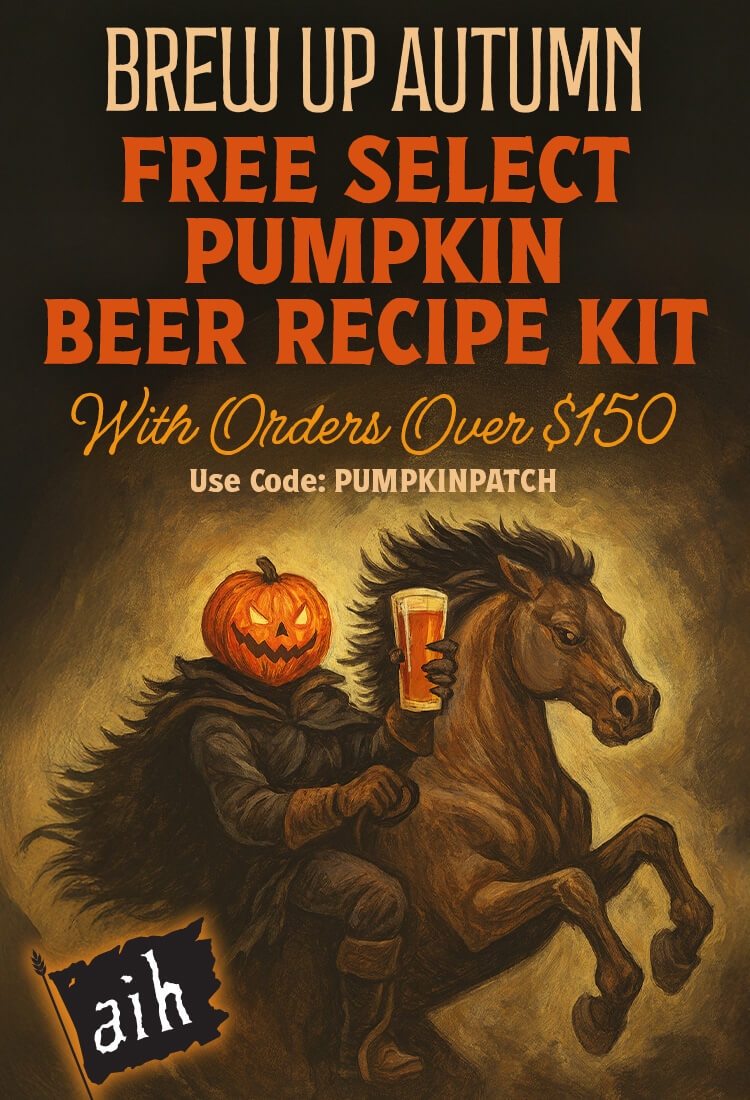 Promotional flyer for a pumpkin beer recipe kit with a person on horseback holding a pumpkin and a beer.