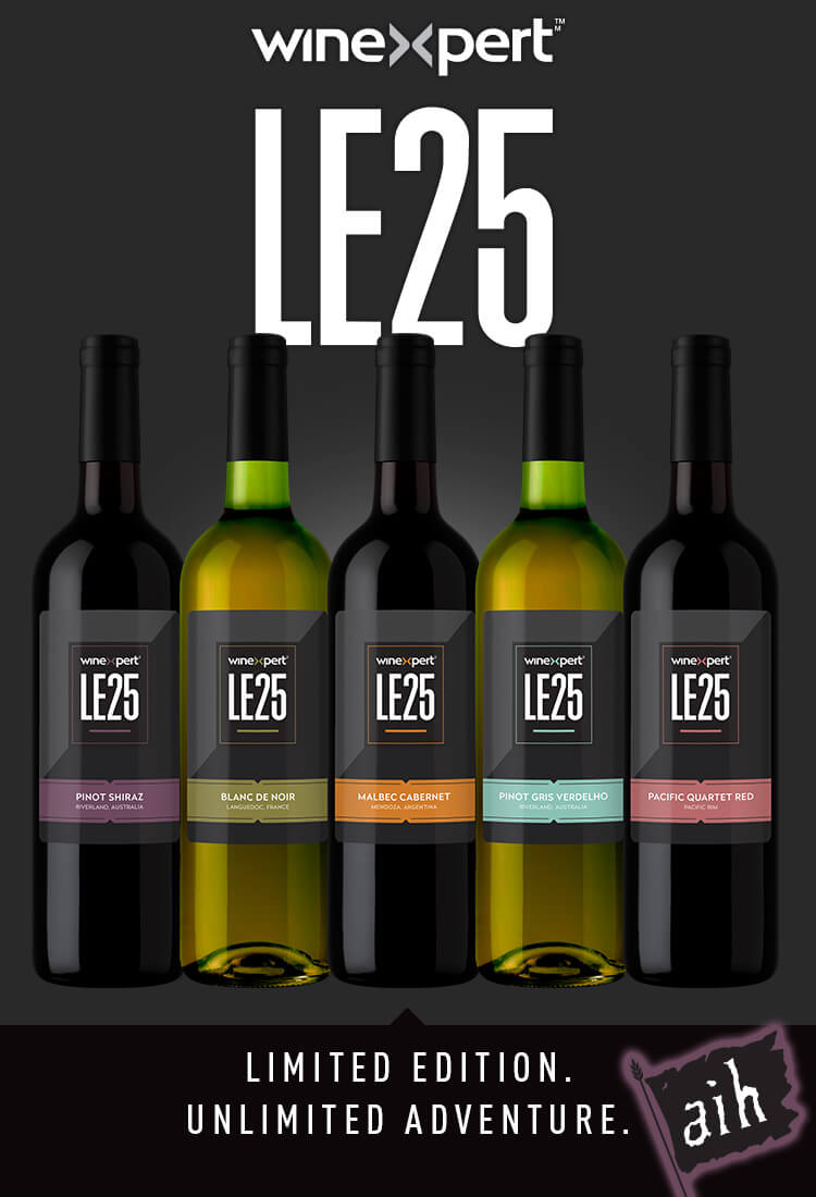 Wine bottles with Winexpert LE25 labels on a black background