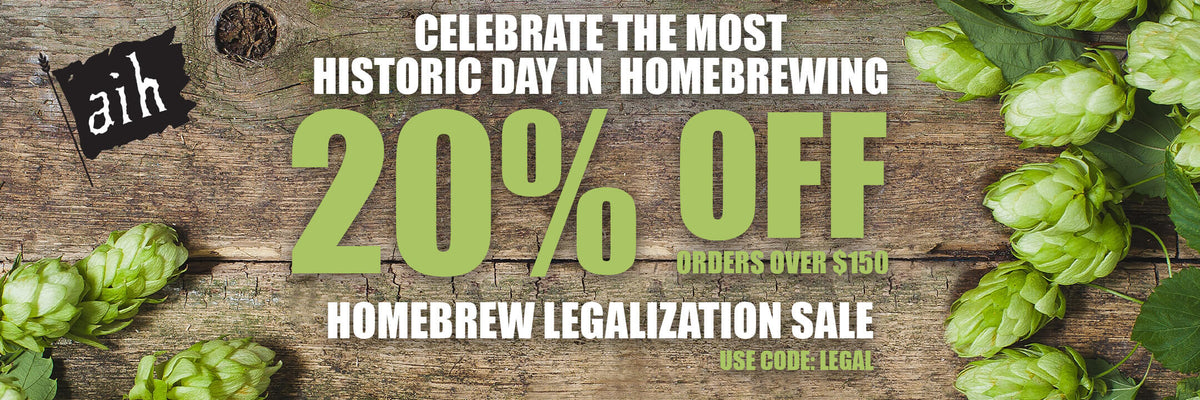 20% off Orders Over $150 Promotional banner for a homebrew legalization sale with hop cones on a wooden background.
