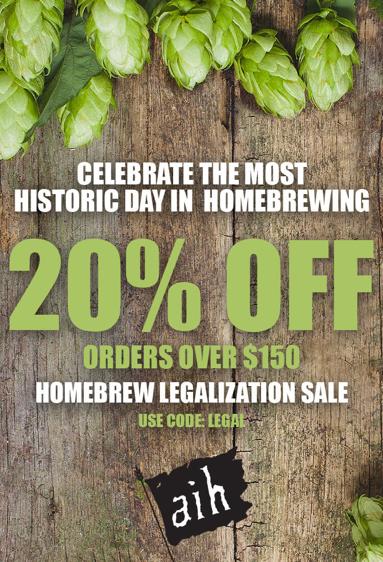 Promotional flyer for a homebrew legalization sale with hops on a wooden background. 20% off Orders Over $150