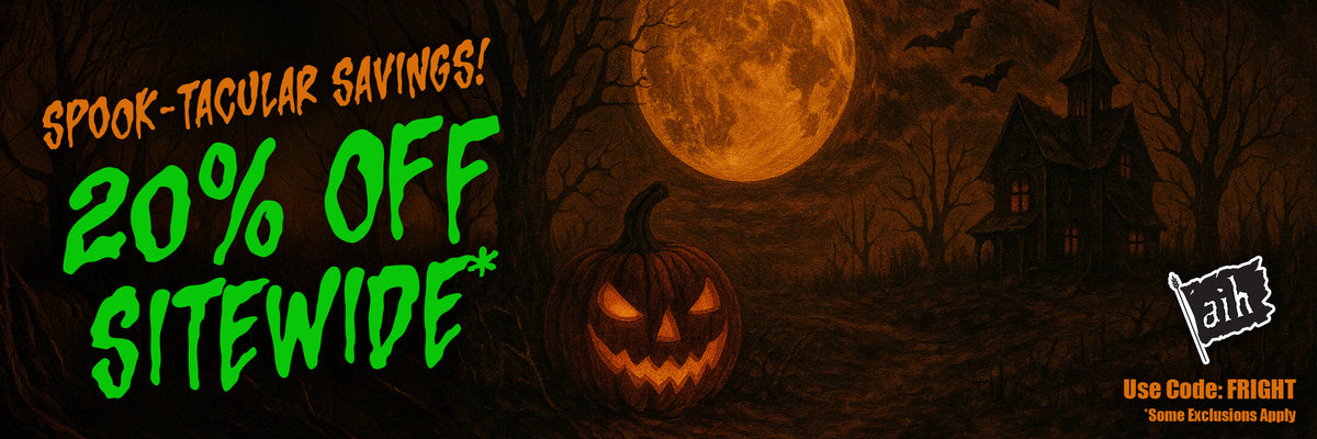 Halloween-themed promotional banner with pumpkin, full moon, and text offering spook-tacular savings. 20% Off sitewide with code FRIGHT.