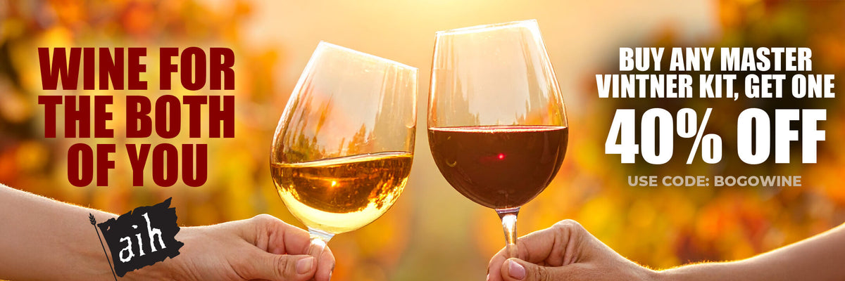 Promotional banner for wine with two glasses and text offering a discount on Master Vintner kits.