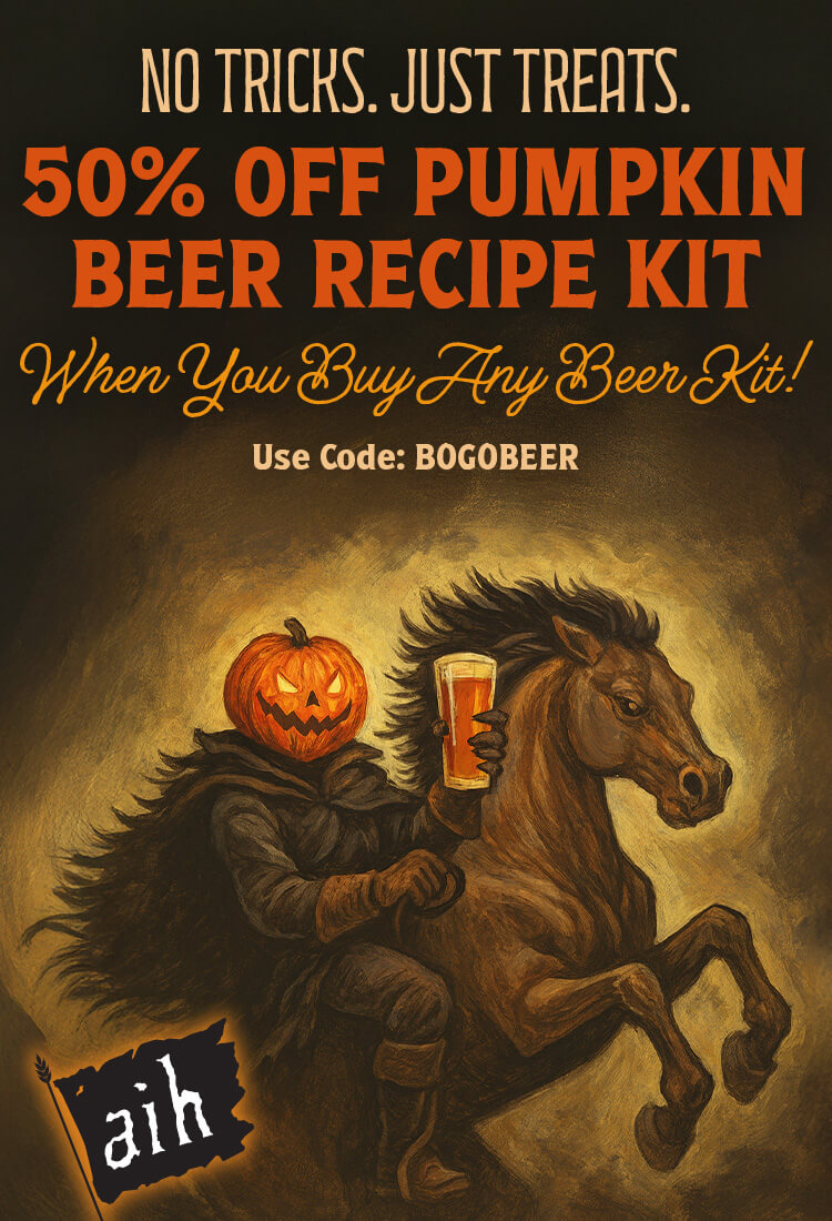 Promotional poster for pumpkin beer recipe kit with a person on horseback holding a beer and a pumpkin head, featuring text about a discount offer.