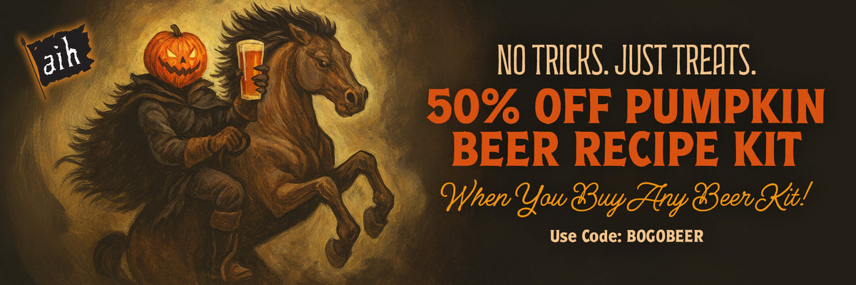 Halloween-themed advertisement with a horse and pumpkin, promoting a beer recipe kit discount.