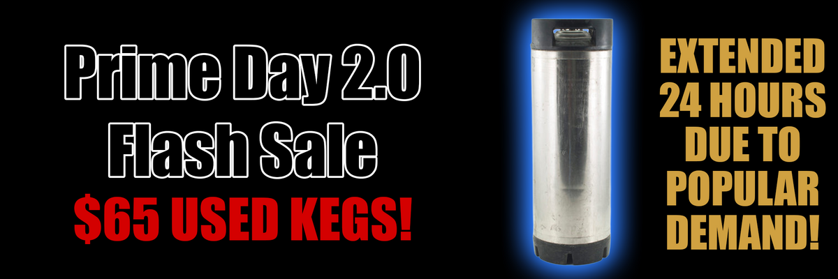Promotional banner for Prime Day 2.0 Extended 24 Hours Due to Popular Demand. Flash Sale with a used keg and text about extended sale hours.
