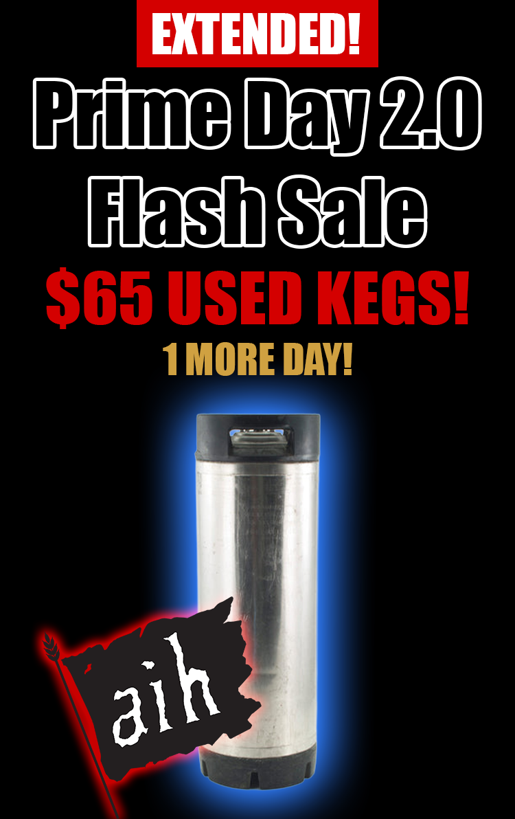 Promotional graphic for Prime Day 2.0 Extended Flash Sale 1 more day with a used keg and 'aih' branding.