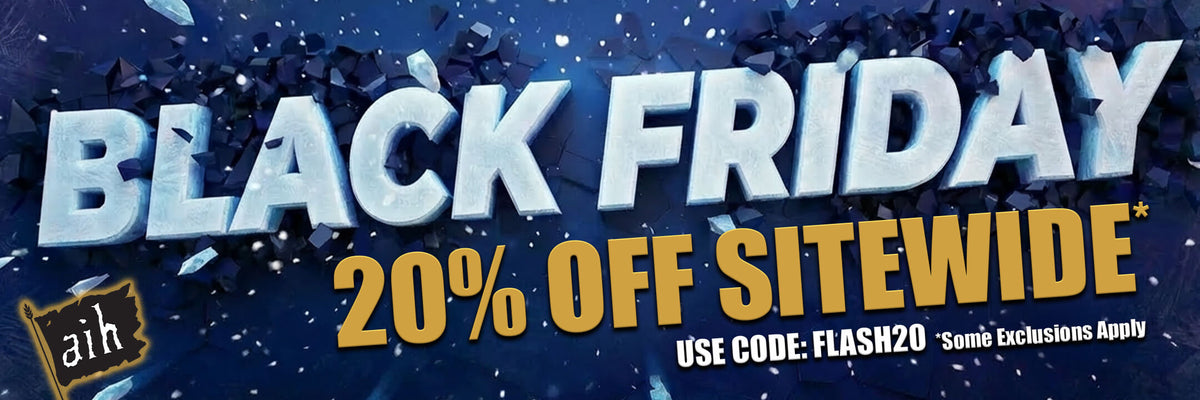 Black Friday sale banner with 20% off sitewide offer on a dark blue background.