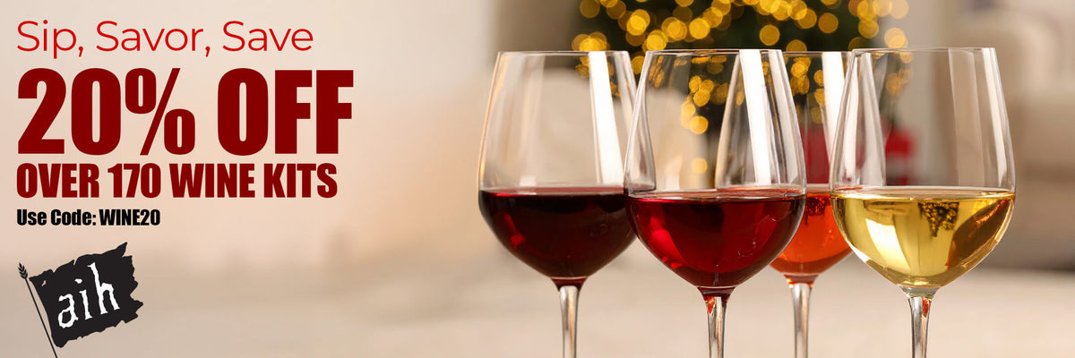 Wine glasses with red and white wine on a blurred background with promotional text for 20% off wine. Use code: WINE20