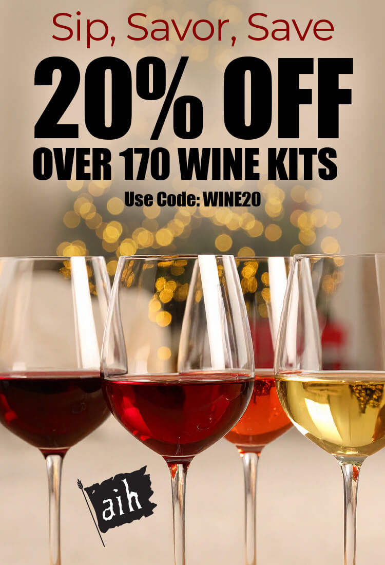 Promotional banner for 20% off wine kits with glasses of red and white wine, blurred lights in the background.