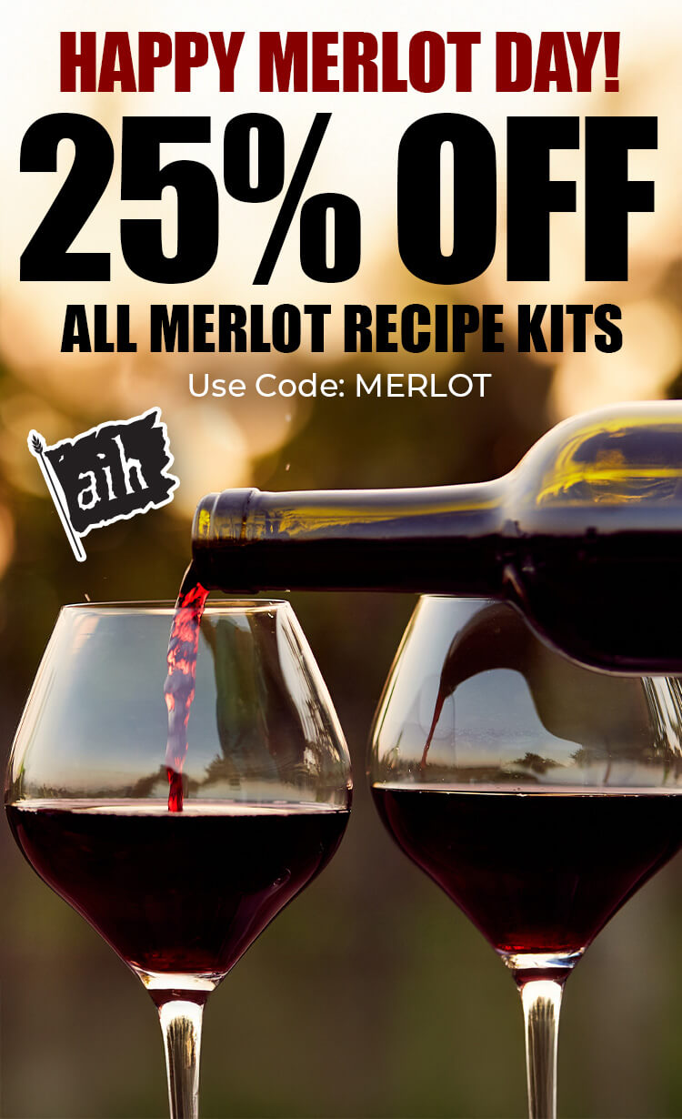 Promotional advertisement for merlot recipe kits with two glasses of wine and a bottle, featuring a 25% discount offer.