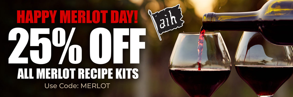 Promotional banner for 'Happy Merlot Day!' with two wine glasses and a bottle, offering 25% off merlot recipe kits.