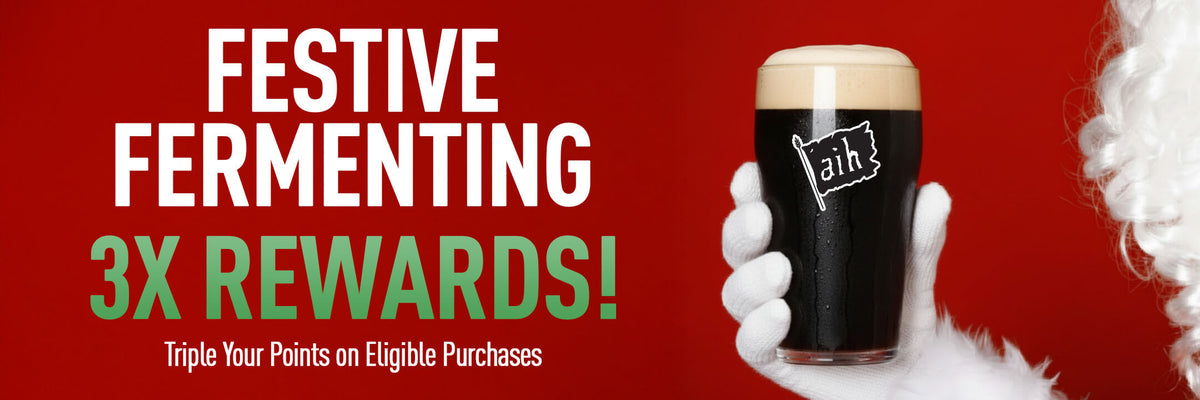 Promotional banner with a glass of dark beer and text about festive fermenting and rewards on a red background.