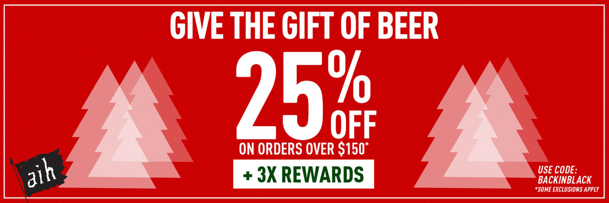 Red promotional banner with white text offering a 25% discount on orders over $150 and 3x rewards, featuring abstract tree shapes.