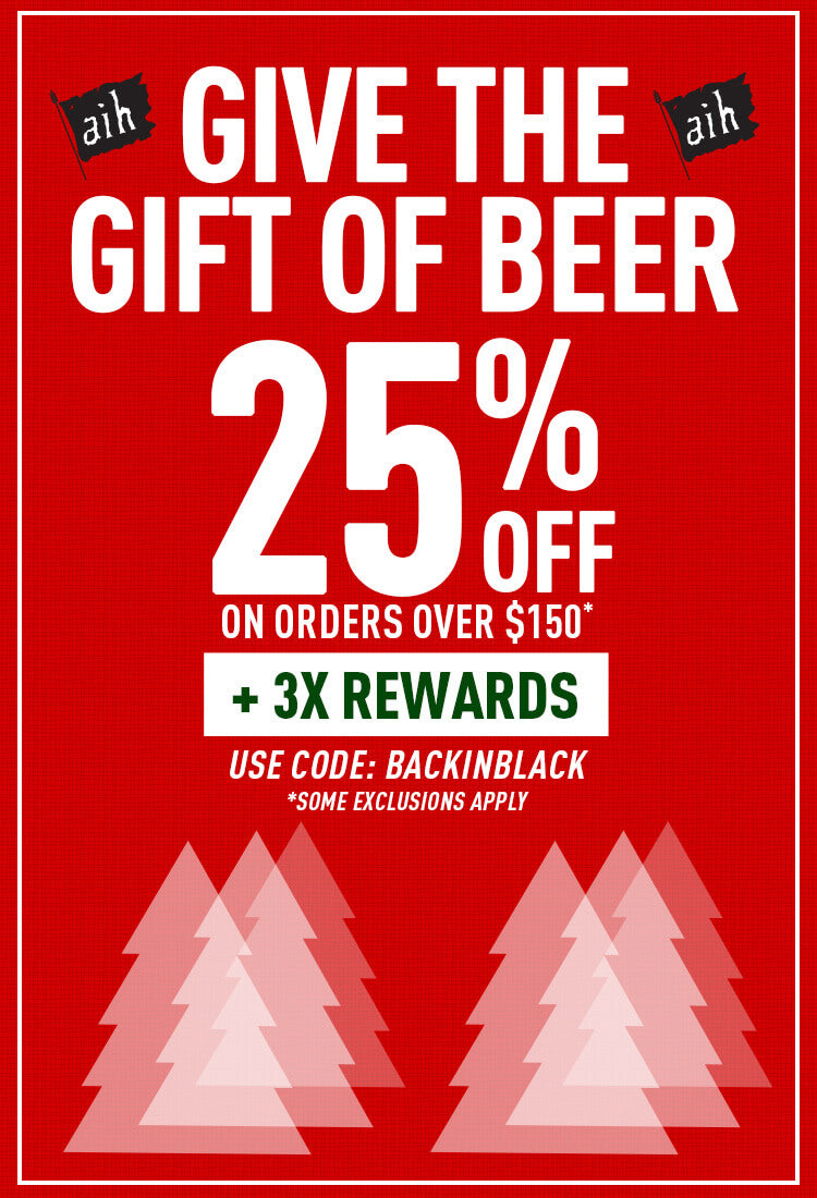 Promotional poster with text 'Give the Gift of Beer' and offer details on a red background with Christmas trees.