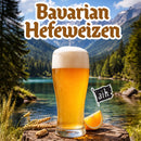 Glass of Bavarian Hefeweizen beer with a scenic mountain backdrop