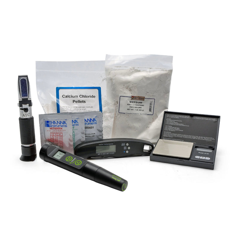 Milwaukee pH 55 Meter, digital pocket scale, folding digital thermometer, Gypsum, Calcium Chloride, and a brix/specific gravity refractometer