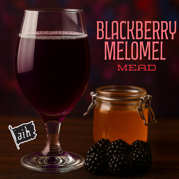 Glass of blackberry mead with a jar of honey and blackberries on a dark background, featuring the words Blackberry Melomel Mead.