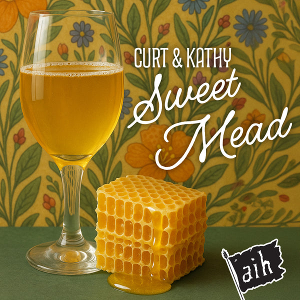 Glass of mead next to honeycomb with floral background and 'Curt & Kathy Sweet Mead' text