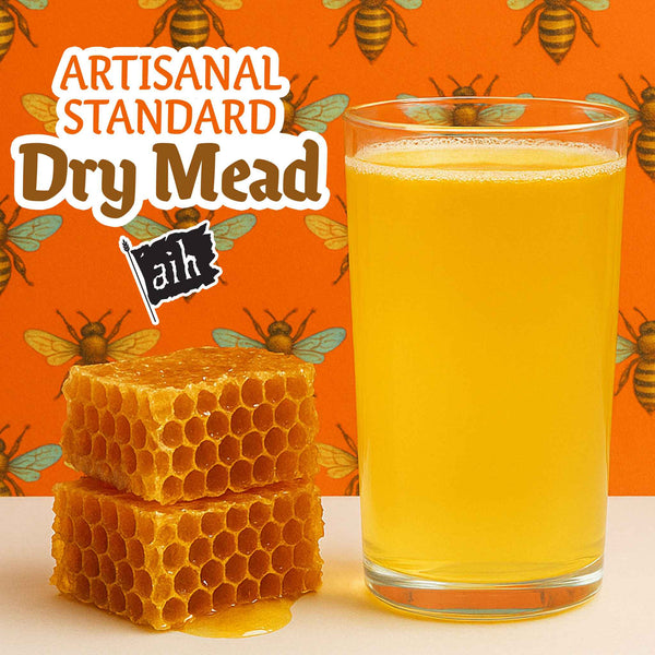 Glass of dry mead next to honeycomb with 'Artisanal Standard Dry Mead' text and bee illustrations on an orange background.