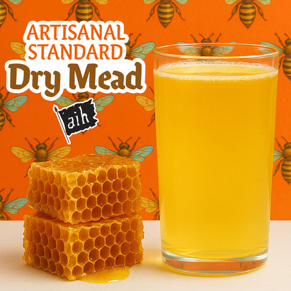 Glass of dry mead with honeycomb and bee illustrations on an orange background. With the words Artisanal Standard Dry Mead.