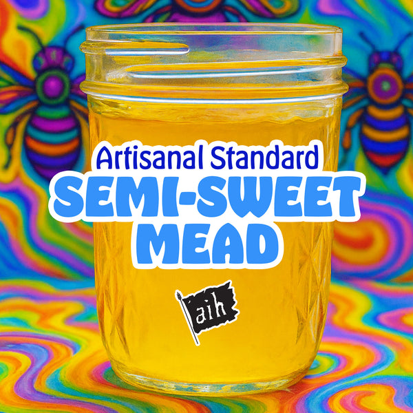 Mason jar of Artisanal Standard Semi-Sweet Mead with colorful abstract background