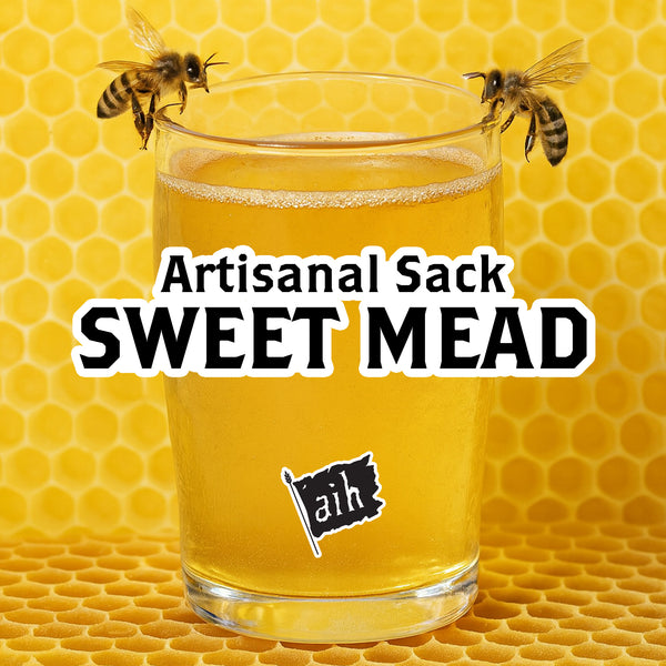 Glass of sweet mead with bees on a honeycomb background, featuring the text 'Artisanal Sack Sweet Mead' 
