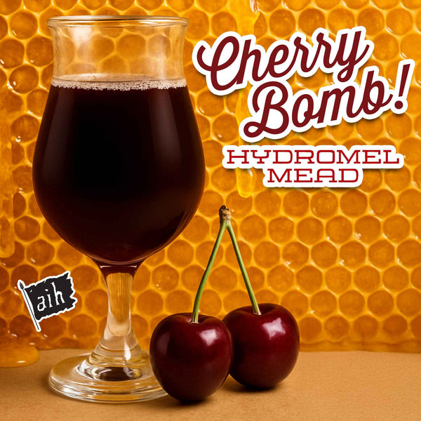Glass of cherry hydromel mead with cherries on a honeycomb background, featuring the brand 'Cherry Bomb! Hydromel Mead'.