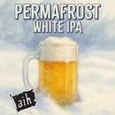 Glass of Permafrost White IPA with snowflakes in the background and 'aih' logo.