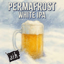 Mug of Permafrost White IPA with snowflakes in the background